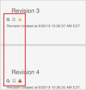 The two tyes of incompatibility icons are shown in the revision panes of two different revisions.
